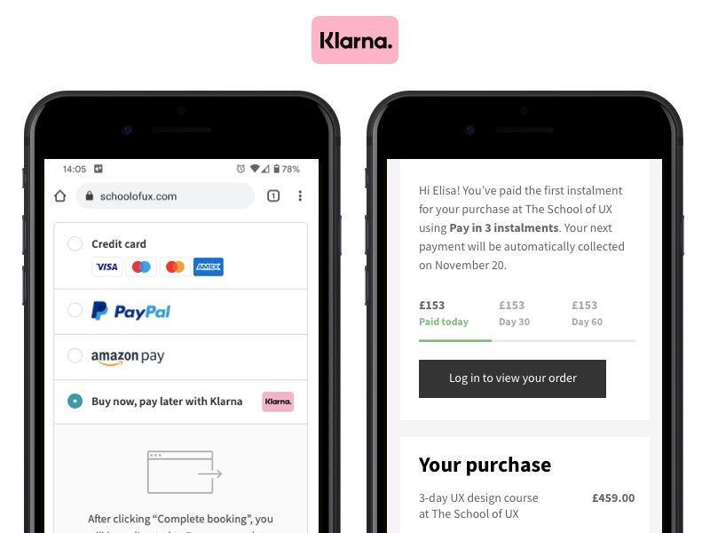 Payment in 3 instalments for The School of UX design courses using Klarna