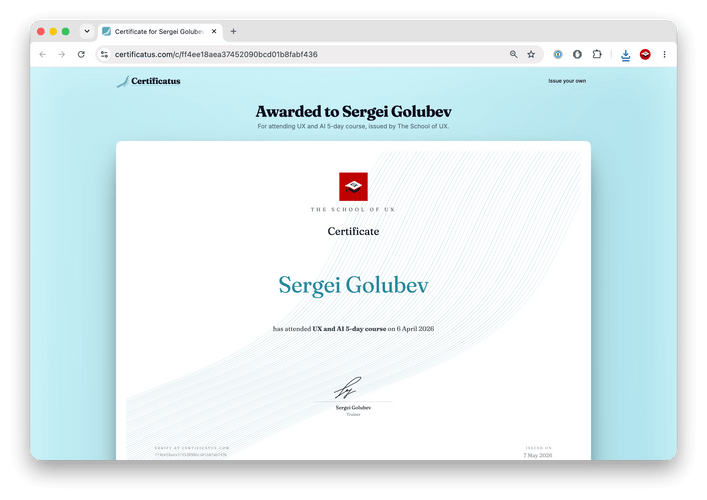 The School of UX certificate example
